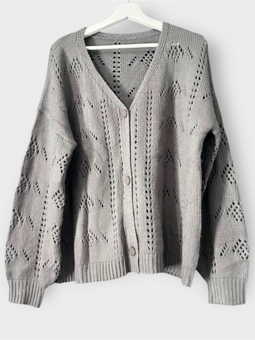 Dark Grey Oversized Knit Cardigan Sweater | XL | Openwork Button Front